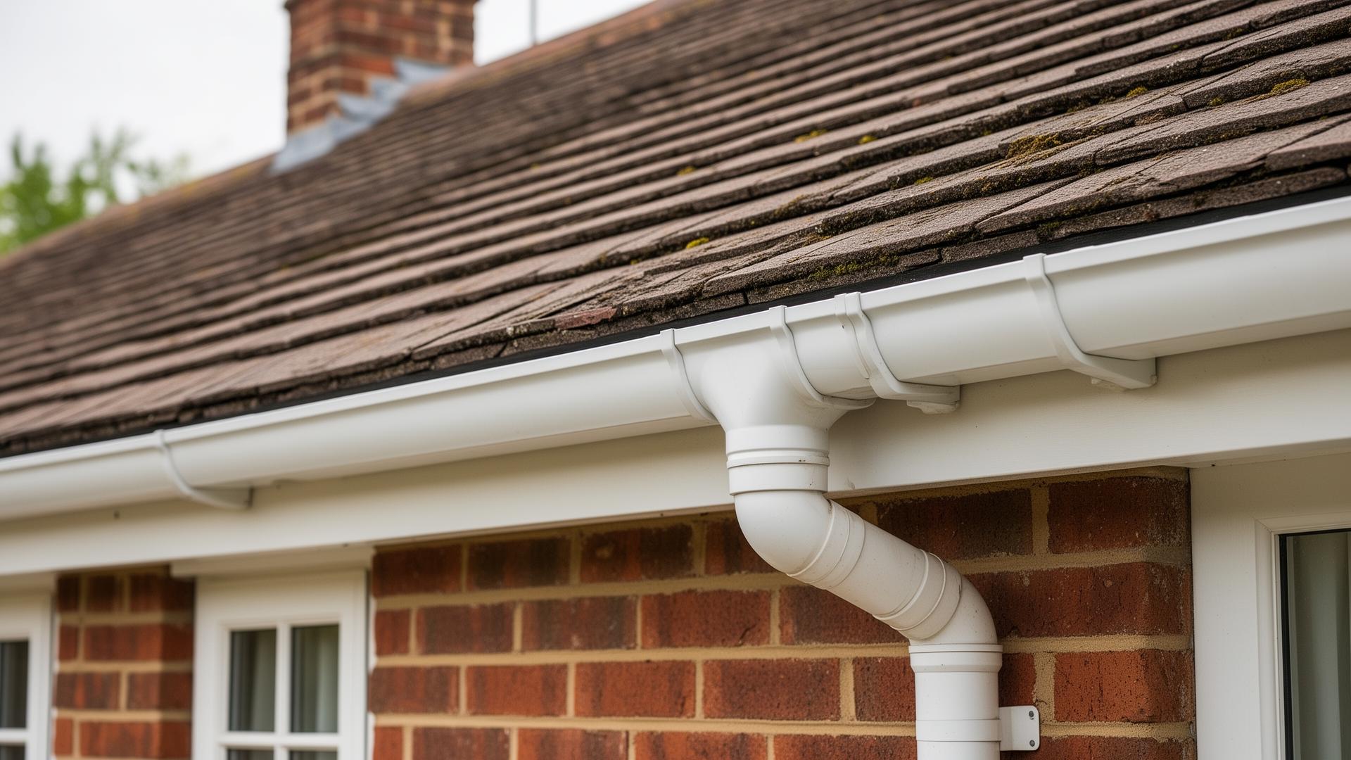 Freshly cleaned white UPVC gutter and downpipe clear of debris on a Gloucestershire brick home