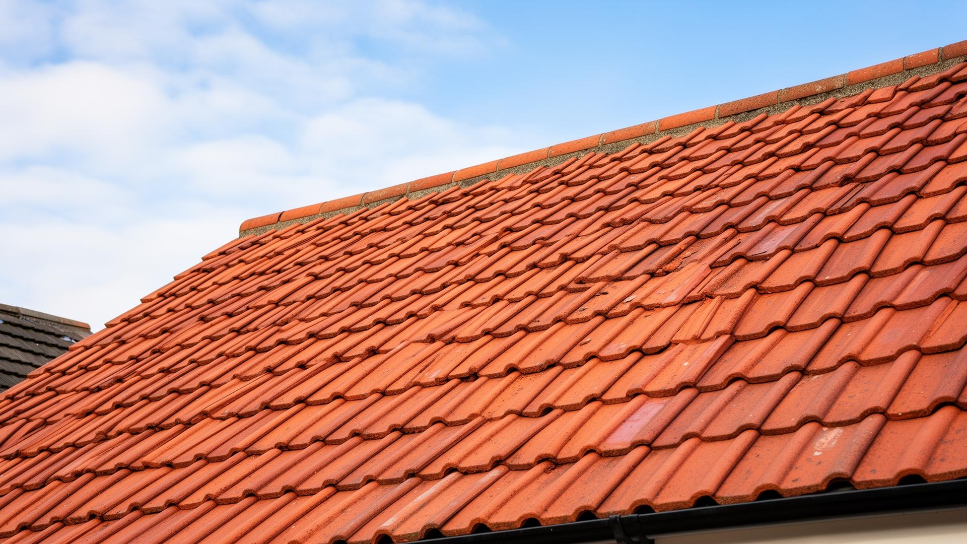Freshly cleaned, moss-free pitched clay tile roof on a Gloucestershire home
